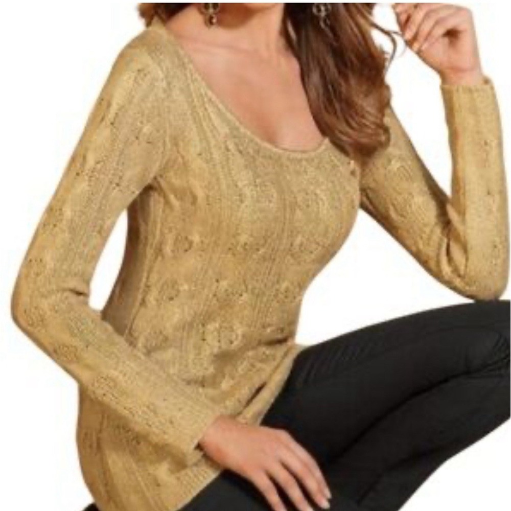 Boston Proper Cable lame Metallic Bright Gold Round Neck Sweater SZ Lg